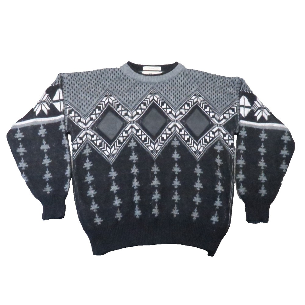 Vintage Uniform Code Sweater Mens M Black Nordic Geometric Leather Trim 80s 90s